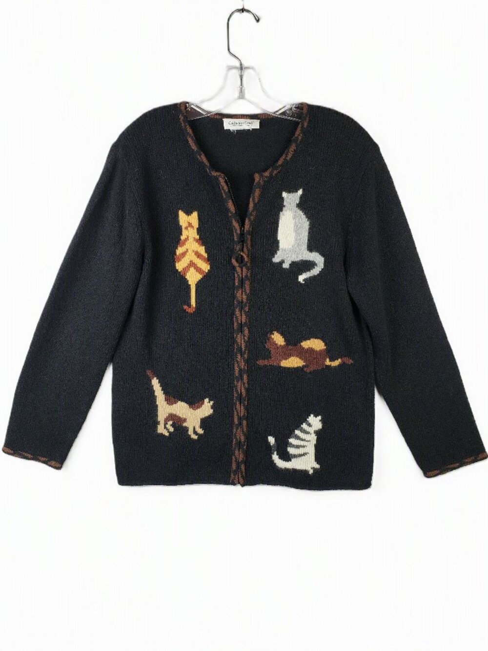 Vintage Coldwater Creek Cat Cardigan Sweater Full Zip Knit Black Novelty size M